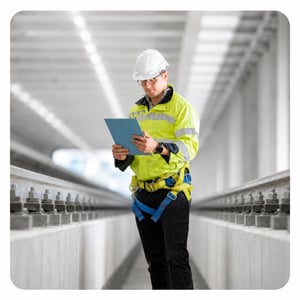 A engineer reviewing industrial documents while inspecting a railway track structure.