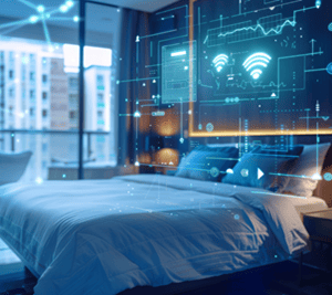 A hotel room with AI icons to depict personalization-1