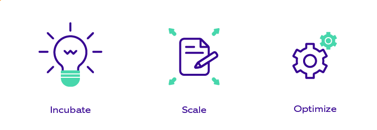 stages of project to product transformation: Incubate, Scale, Optimize