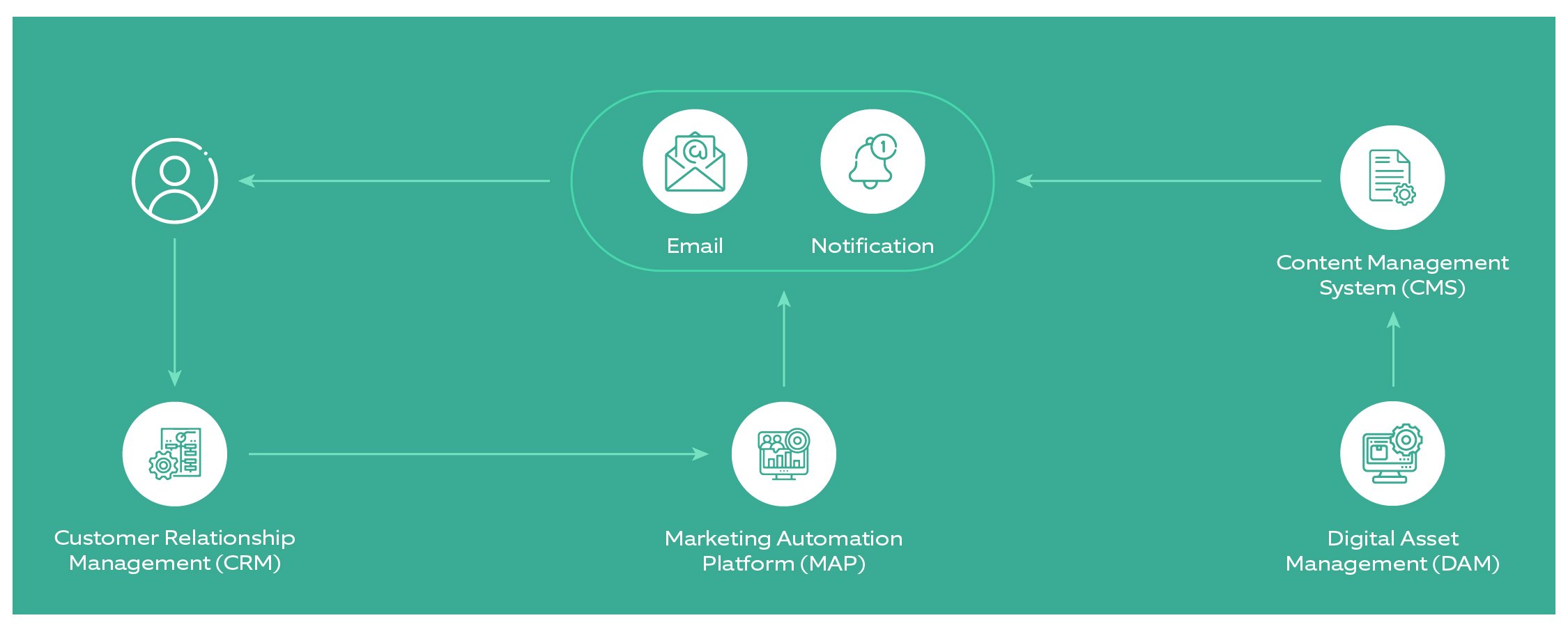 Martech - representing Audience, CRM, MAP, Marketing Tools (Email, Content, Mobile, Search and Social) and CMS/DAM 