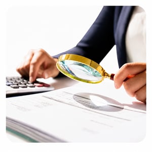 Conducting a detailed review of documents using a magnifying glass.