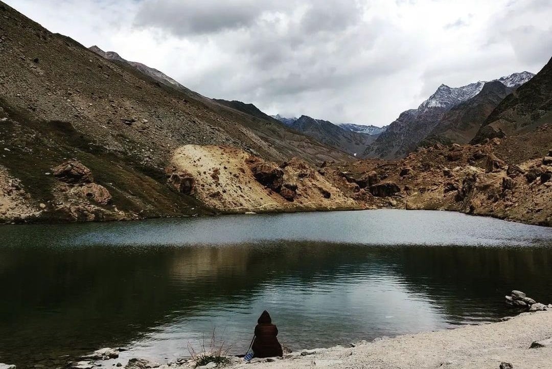 Shubhra sitting beside the Deepal Taal in Lahual and Spiti, Himachal Pradesh