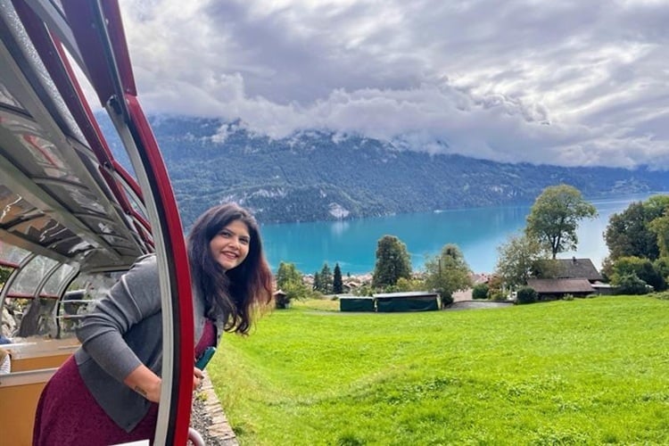Madhurima on a scenic ropeway ride in Shangarh, Himachal Pradesh, India