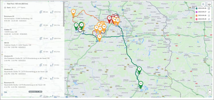 Map view of multiple days of visits (different days are indicated through different colors)