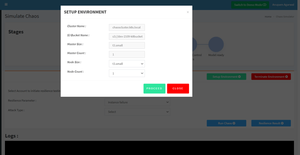 Chaos Engineering Kubernetes experiments - screenshot of setup to creating K8 cluster