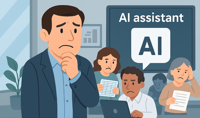 Illustration of a team thinking about AI assistant.