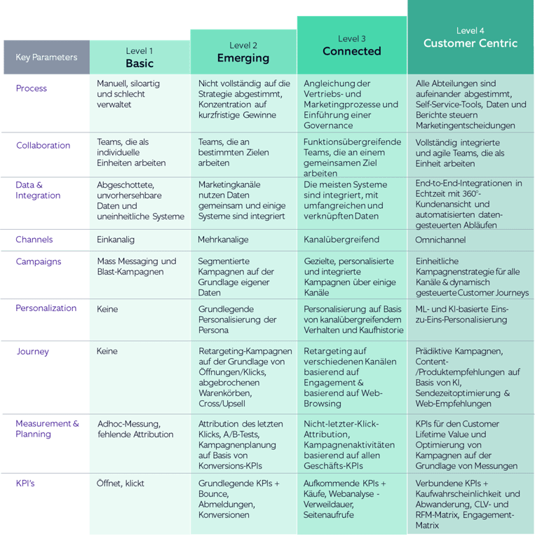 table depicting key parameters defining marketing maturity level and how to reach customer-centric marketing_de