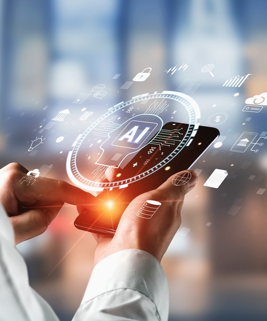 A man holding a smartphone in his hand with digital overlay of AI icons