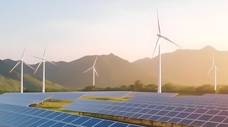 A solar power grid with windmills at the back