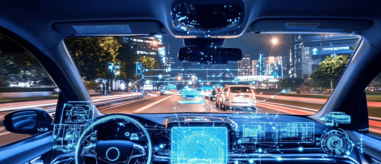 Futuristic autonomous car interior with holographic heads-up display and digital interface overlays while driving through a illuminated city at night.