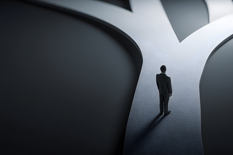 A man in a business suit standing at crossroads and weighing his options