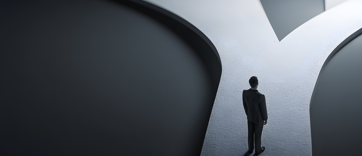 A man in a business suit standing at crossroads and weighing his options