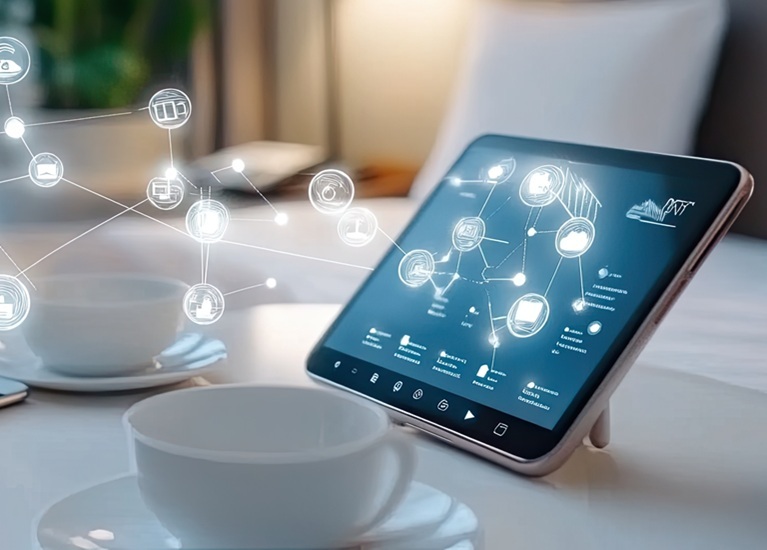 AI technology through an Ipad in a hotel room_m
