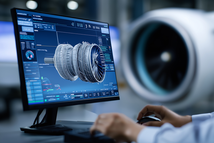 An airline maintenance engineer checking an airplane engine on his computer