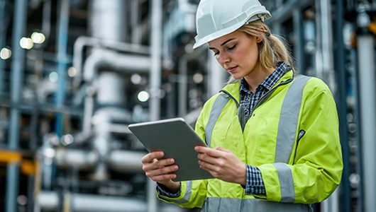 A female engineer using a tablet in an industrial settting.