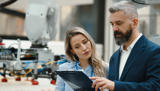 A man showing cloud data his female co-worker.