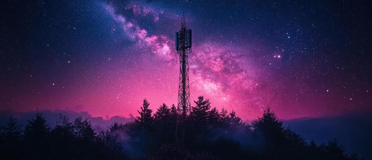 Dark sky with pink and purple hue with a telecom tower representing 5g IoT connectivity