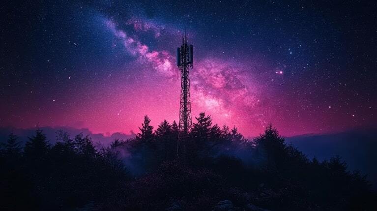 Dark sky with pink and purple hue with a telecom tower representing 5g IoT connectivity