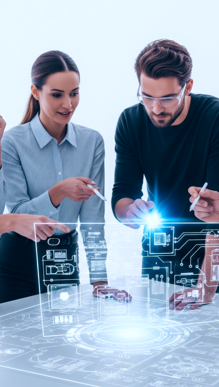 A man & woman working on the digital technology in the office.