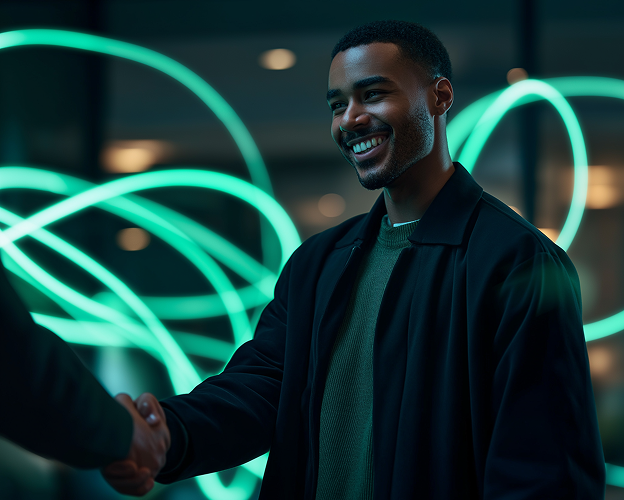 Two people shaking hands and smiling