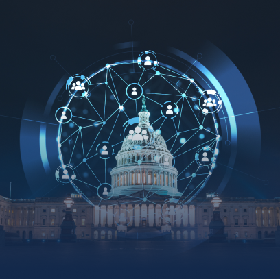 Front view, Capitol dome building at night, Washington DC, USA illuminated with hologram