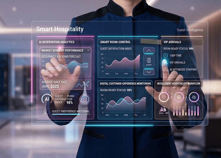 Hand of a lady navigating an AI interface in hospitality_m