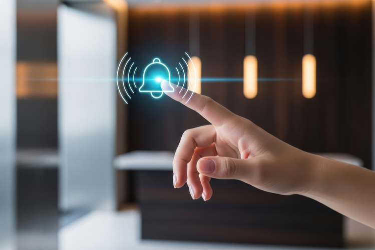 Hand of a person touching a bell icon depicting virtual hotel concierge