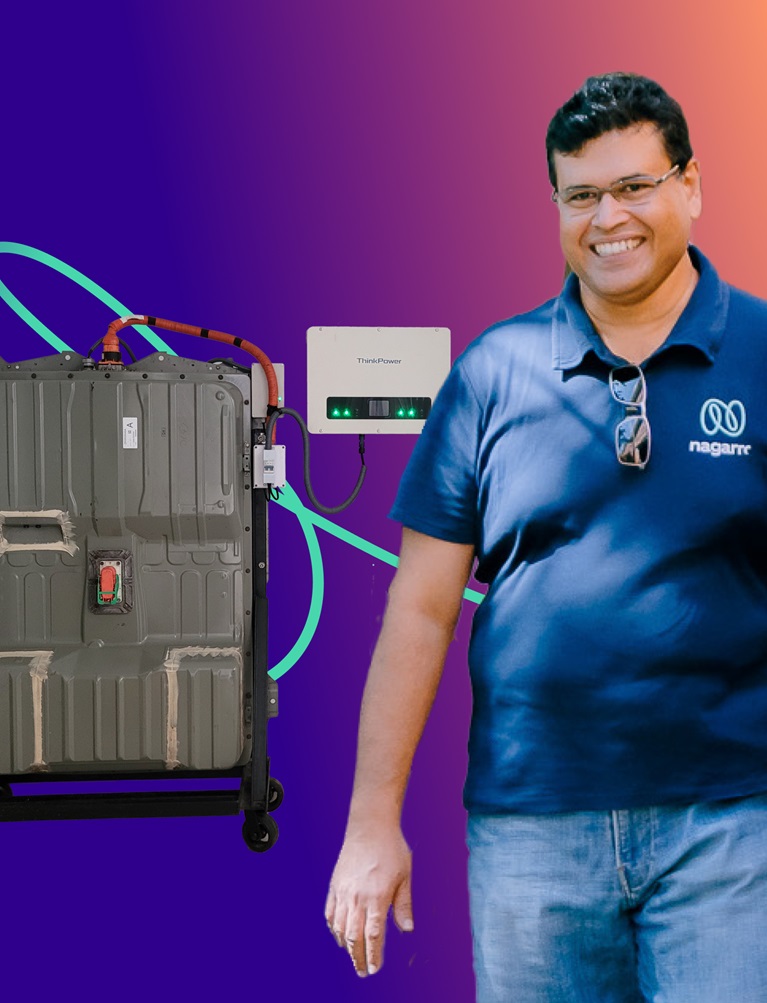 Illustration of Ruwan Jayanetti with his recycled EV battery_