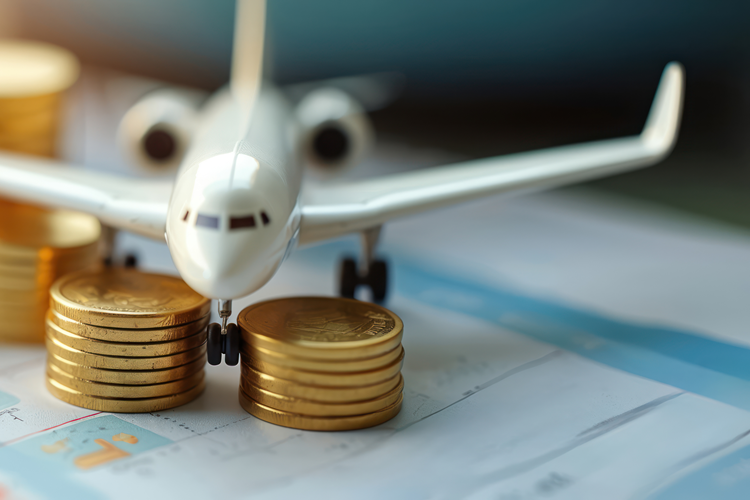 Image of an airplane on a stack of coins to depict Airline revenue management
