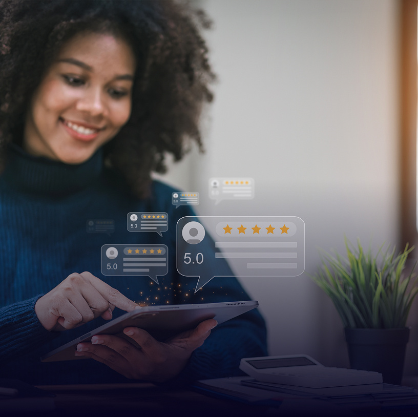A women using software application on her tablet.