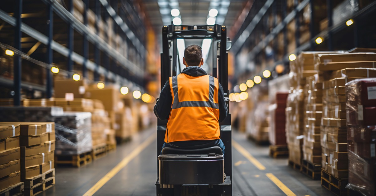 Man-operating-a-forklift-in-a-warehouse