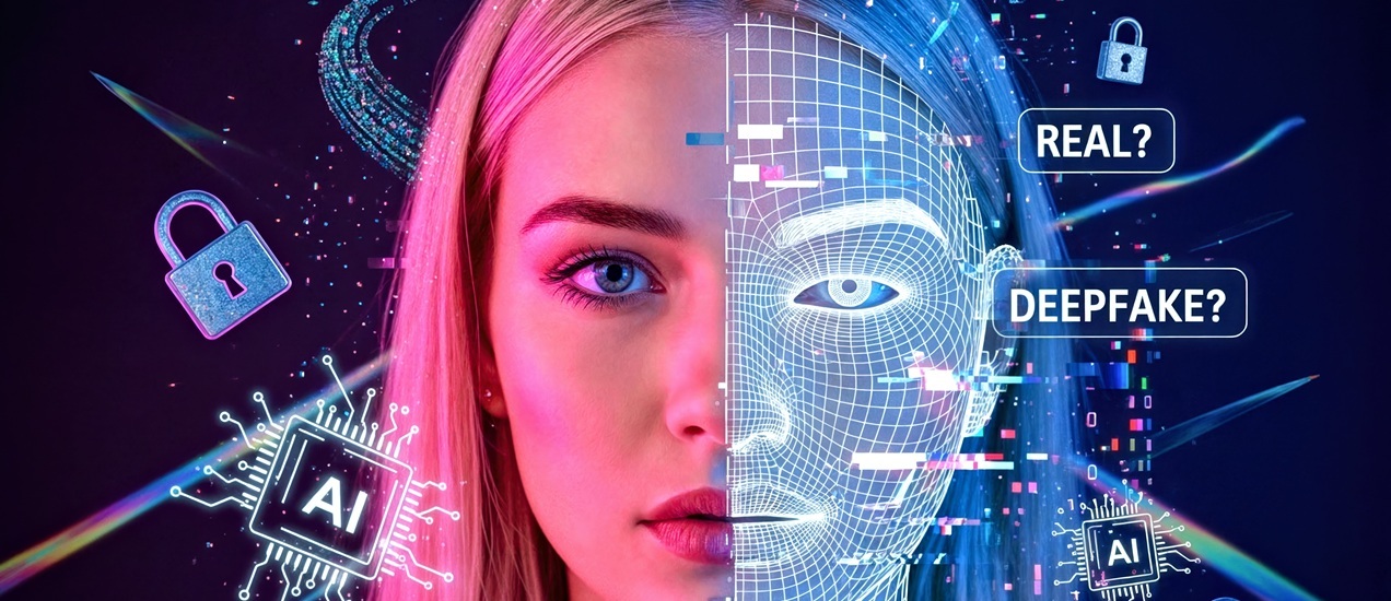 One Side of Young Woman’s Face is Real, Other is Digital Wireframe Mask