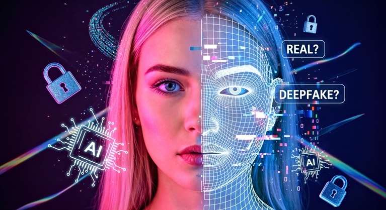 One Side of Young Woman’s Face is Real, Other is Digital Wireframe Mask