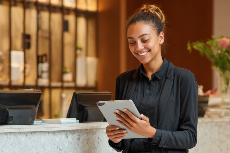 Operational staff checking hotel data on an ipad