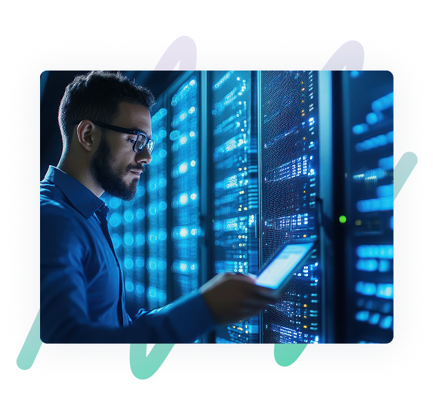 Person with a tab standing in a server room depicting SAP Cloud migration