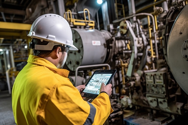 A man working on a tablet in an industry