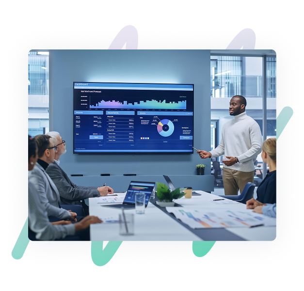 Professionals in conference room with Analytics chart on the digital screen depicting SAP Analytics