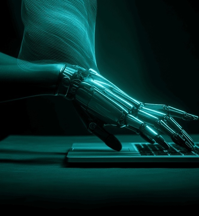 Robotic hand on a laptop denoting AI agents operational efficiency