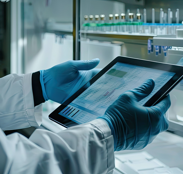 A scientist using a tablet checking reports
