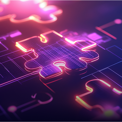 Digital puzzle piece integrated with circuit board elements.