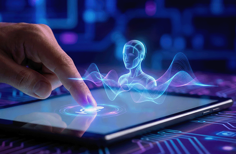 A finger touching the digital interface