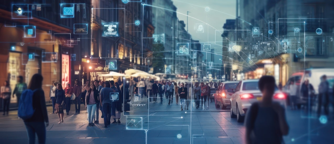 Surveillance camera of a crowd of people walking along busy city streets