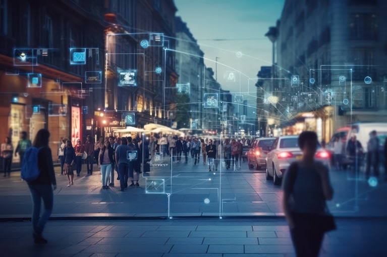 Surveillance camera of a crowd of people walking along busy city streets