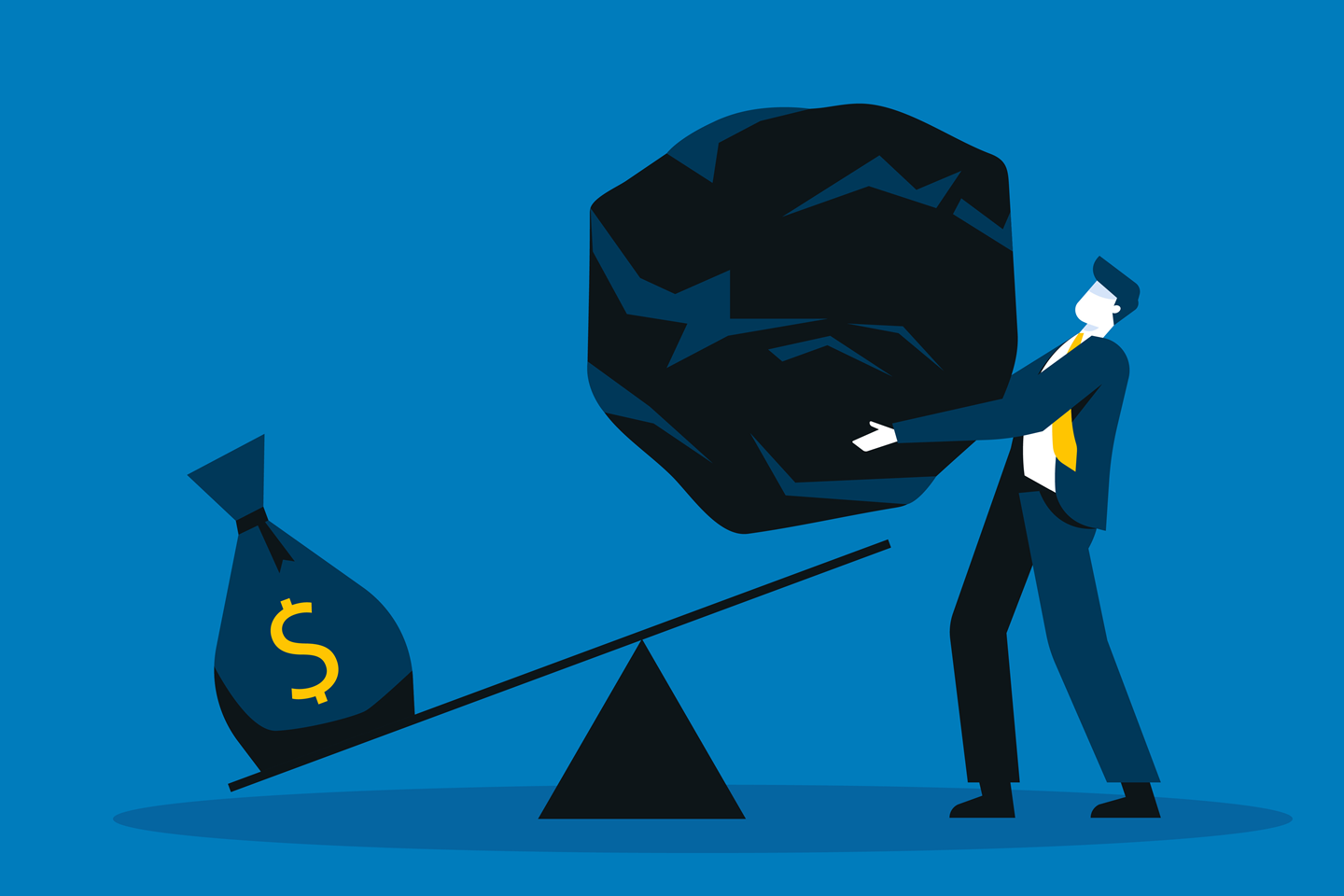 A man carrying a boulder like object and walking towards the bag with dollar sign.