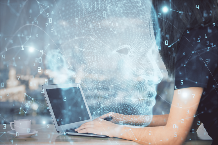 Woman working on her computer with an overlay representing technology