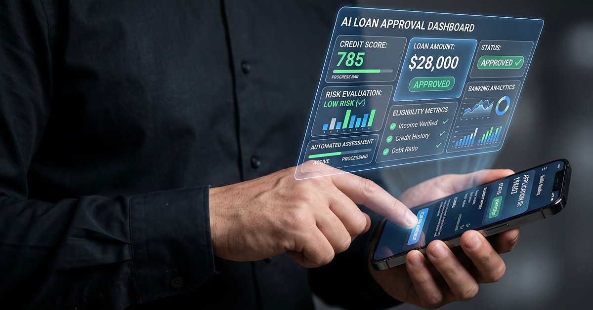 a profressional checking an AI loan approval dashboard-feat