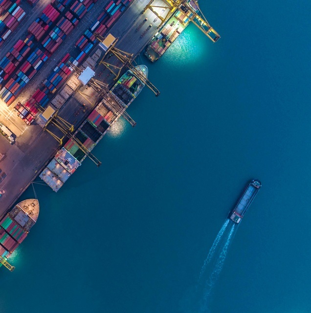 Aerial view of a bustling container port at night.