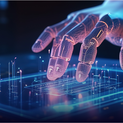 Robotic hand interacting with circuit-like patterns. 