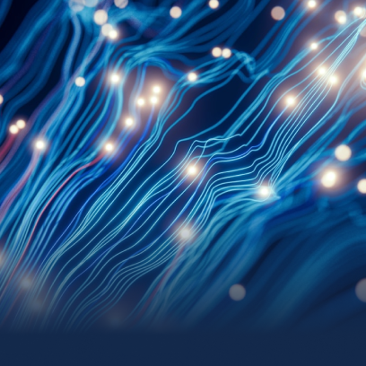 An abstract image with blue waves and white dots