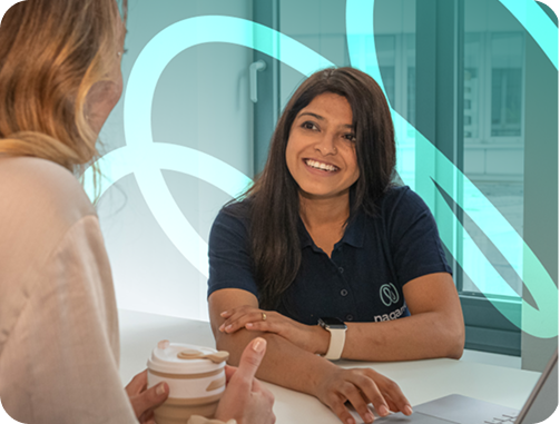 Nagarrians smiling with a fluidic theme in thebackgroung